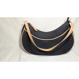 Etienne Aigner Black Tan Woven Jute Faux Leather Shoulder Saddle Bag Purse Y2K‎